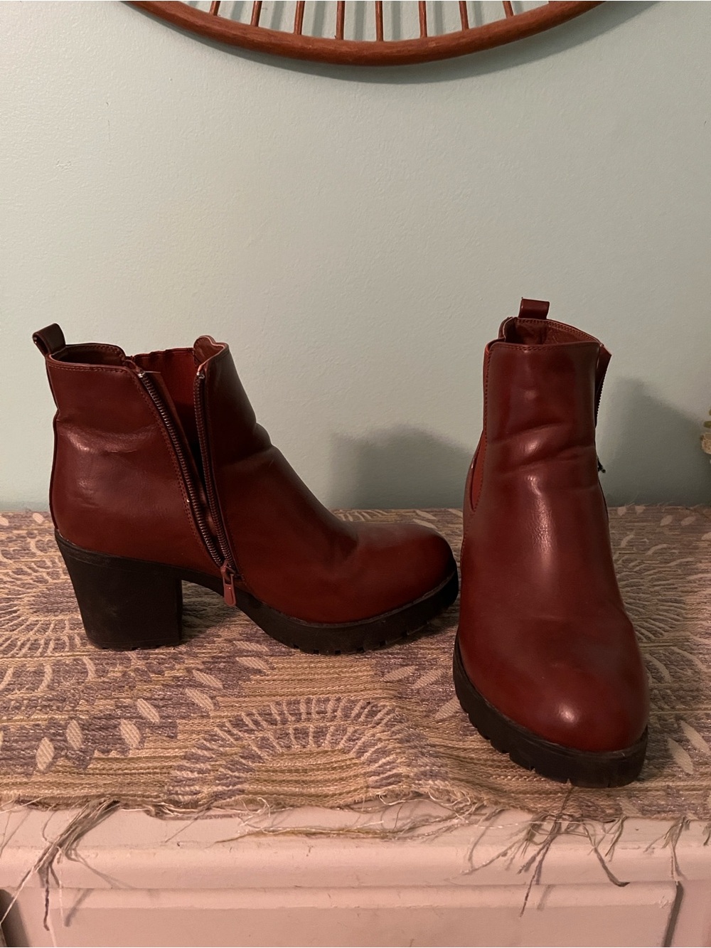 Refresh Women's Burgundy Leather Block Heel Ankle Boots